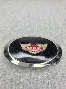 Vintage 1970s Suzuki Motorcycle Belt Buckle Enamel Winged Logo Oval Biker